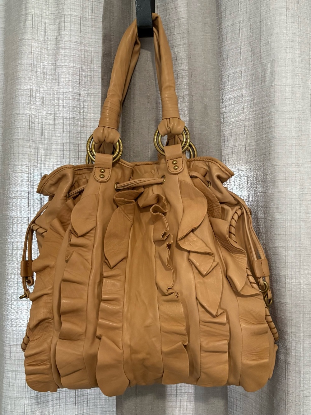 Ziordia Vintage Cream Ruffled Leather Hobo Bag Slouchy - Picture 5 of 7